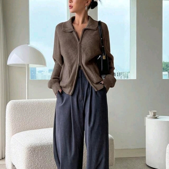 Women Casual Vintage Solid Color Zipper Cardigans, Autumn - Picture 4 of 4